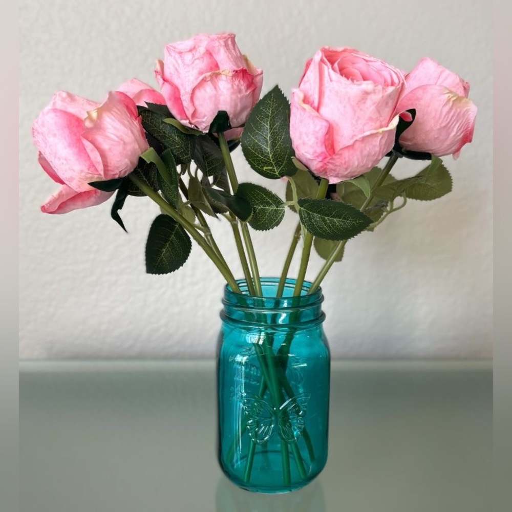 12" Realistic Artificial Burnt Edge 7 Large Buds Pink Rose Bundle Bouquet New